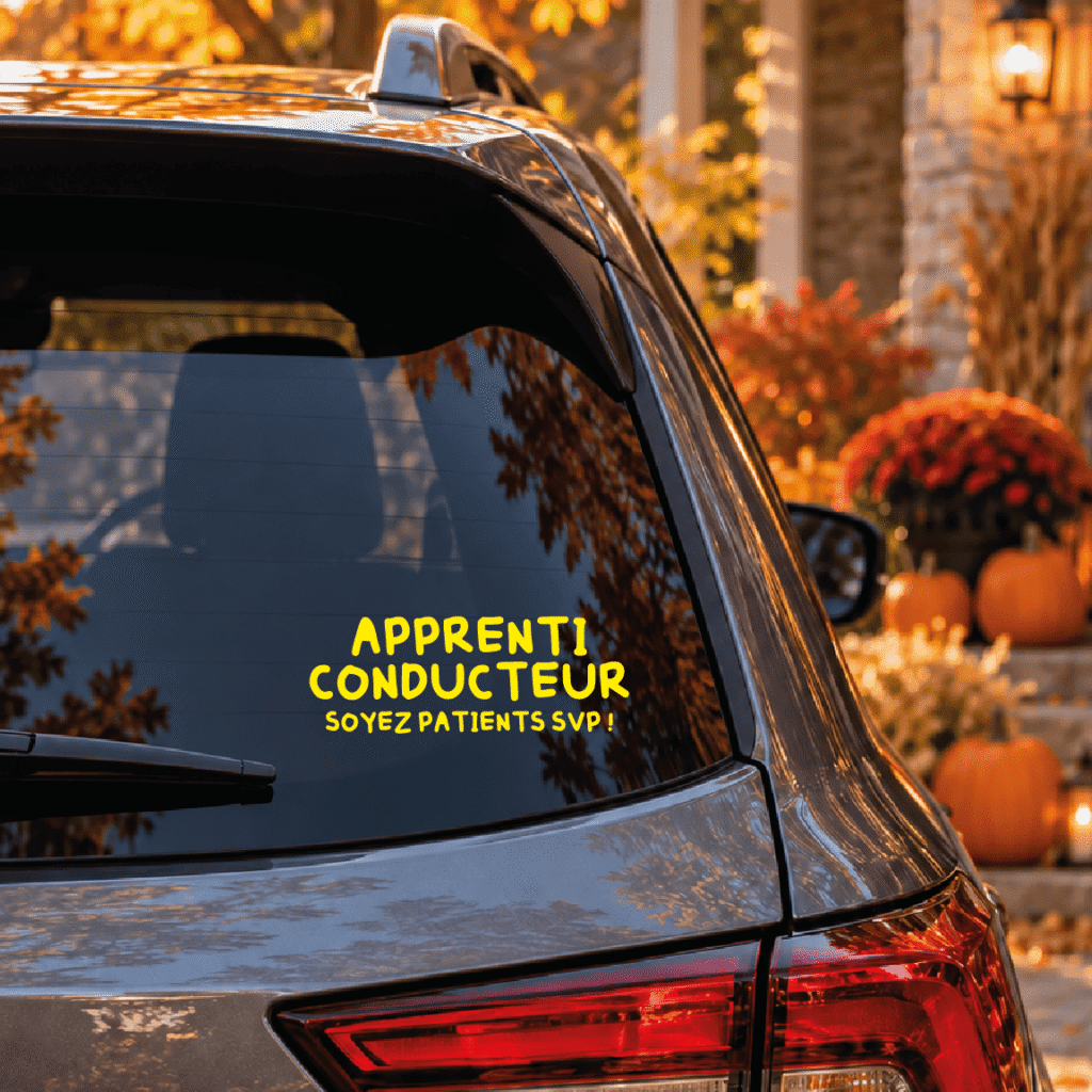 Autocollant jaune « APPRENTI CONDUCTEUR, SOYEZ PATIENTS SVP », 7,5 × 3 po — vue principale sur vitre arrière